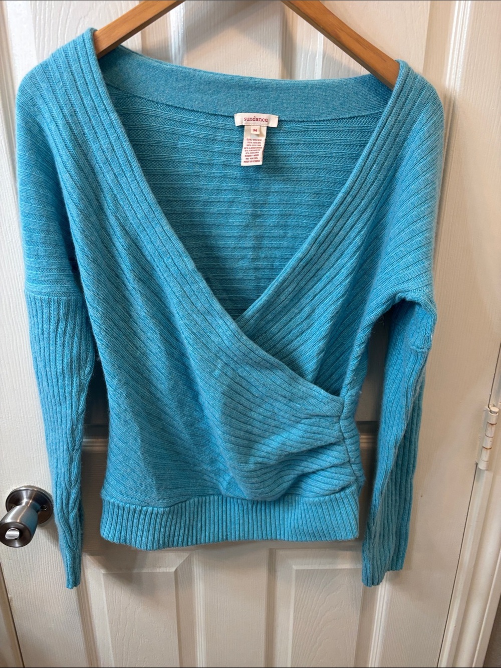 Sundance Turquoise Ribbed Wrap V-Neck Sweater Size Medium